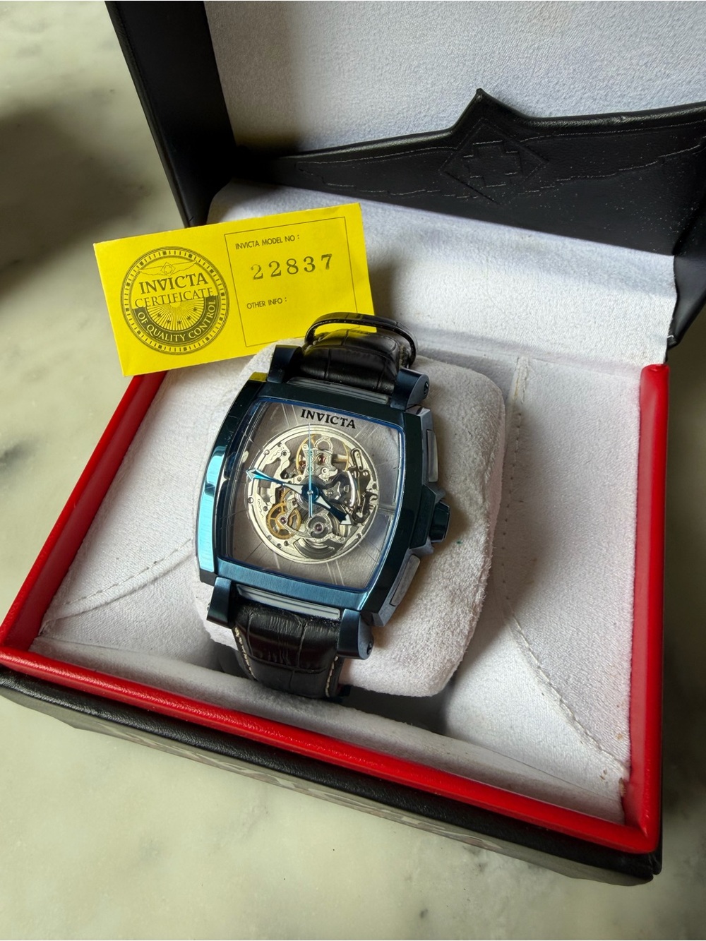 Invicta Men's Blue-Tone Skeleton Dial Automatic Watch with Black Leather Strap - Picture 9 of 10